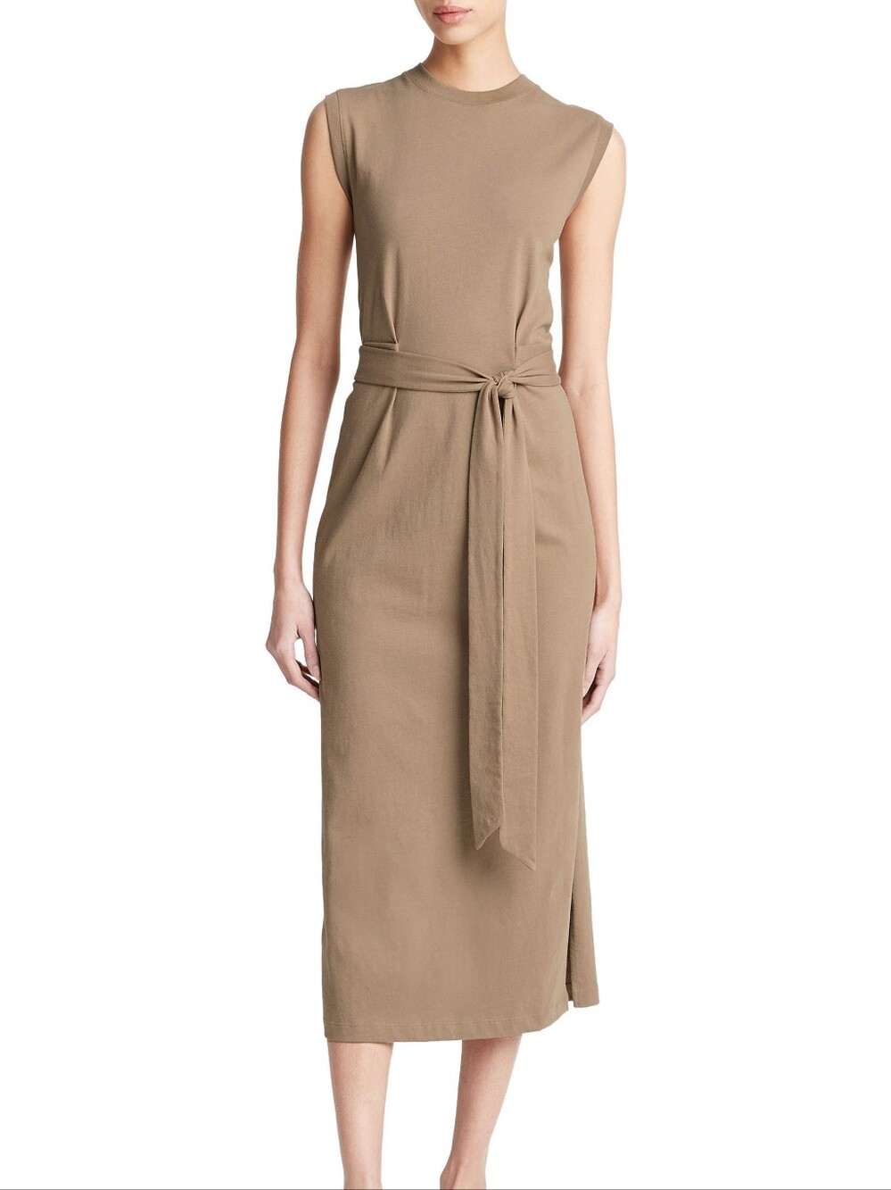 NWT Vince Sleeveless Tie-Waist Midi Dress in Brown